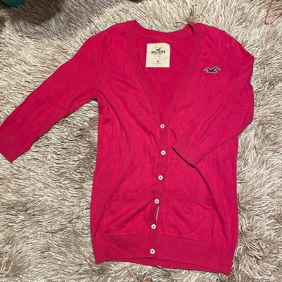 Hollister Pink V Neck‎ Button Front 3/4 Sleeve Y2K Sweater - Picture 1 of 6